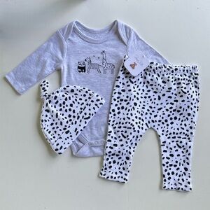 Rene Rofe 3pc. Safari Animal Bodysuit and Hat Set Grey Heather Sz 3-6 Months.